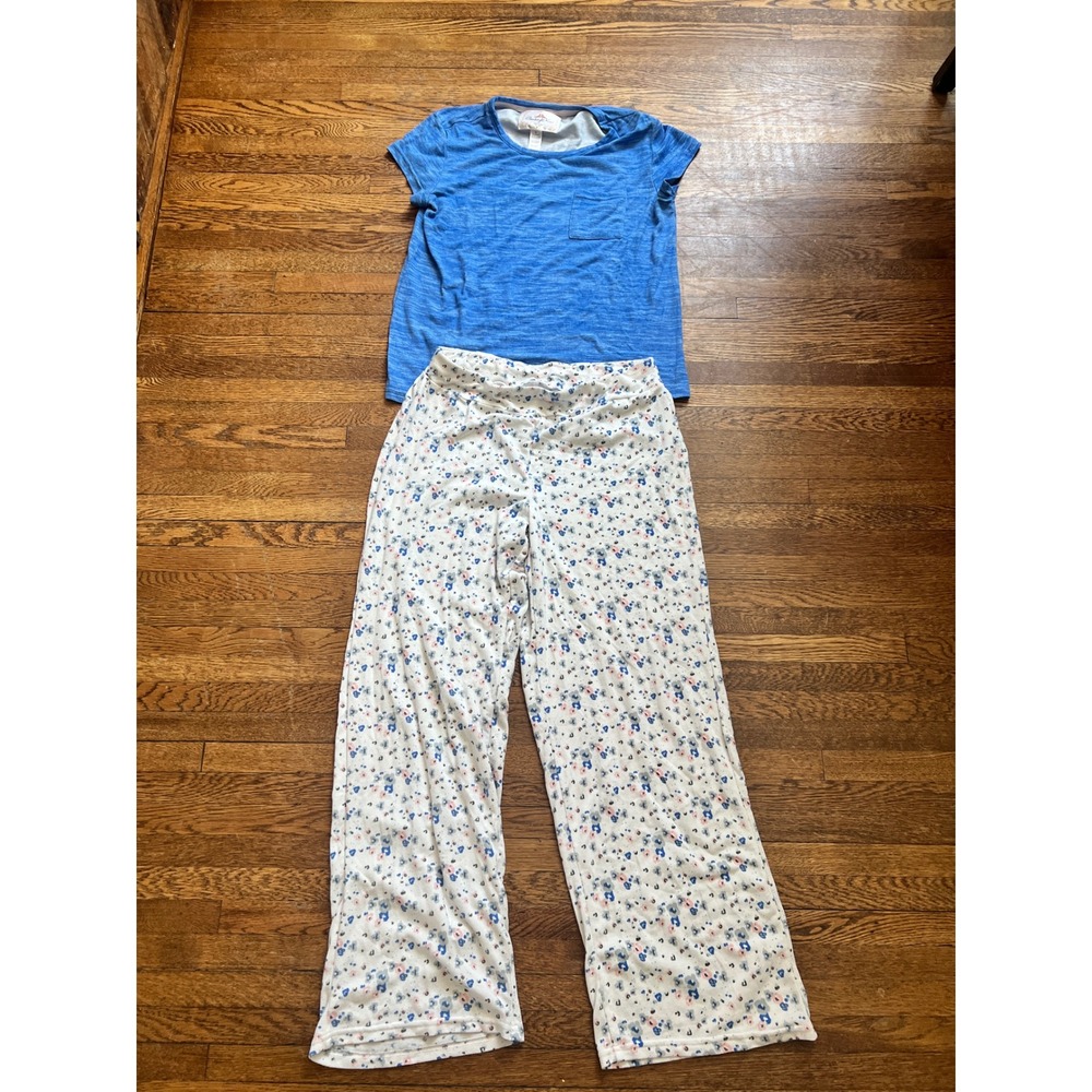Goodnight Kiss Pajama Set Womens Small Blue Short‎ Sleeve Top Floral Pants 2pc